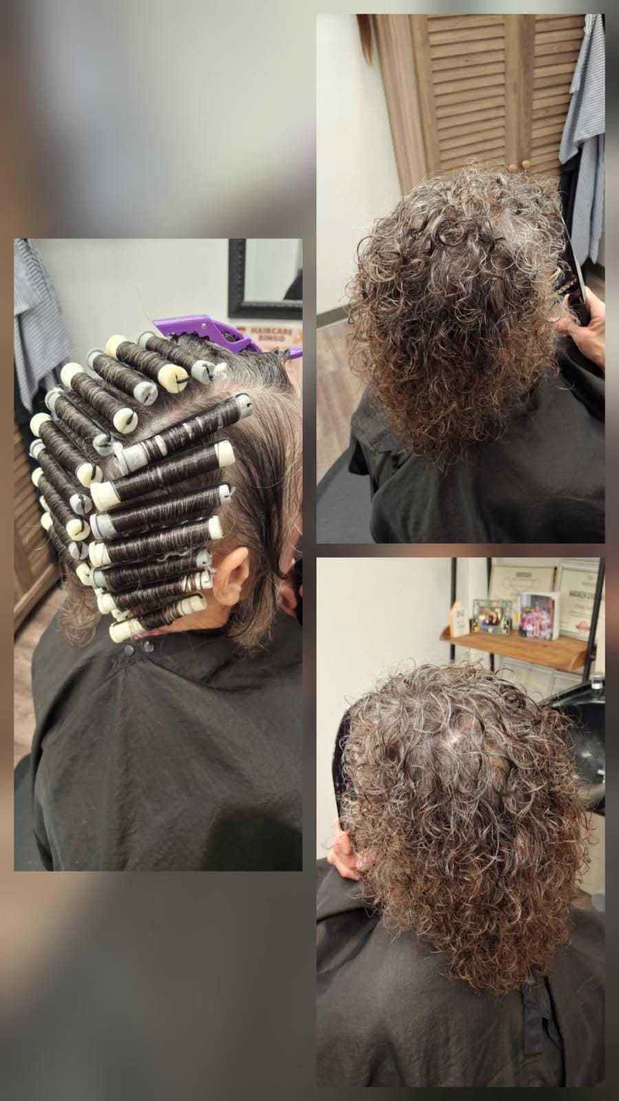 Hair transformation with perm rods, showing before and after curly hairstyle results.