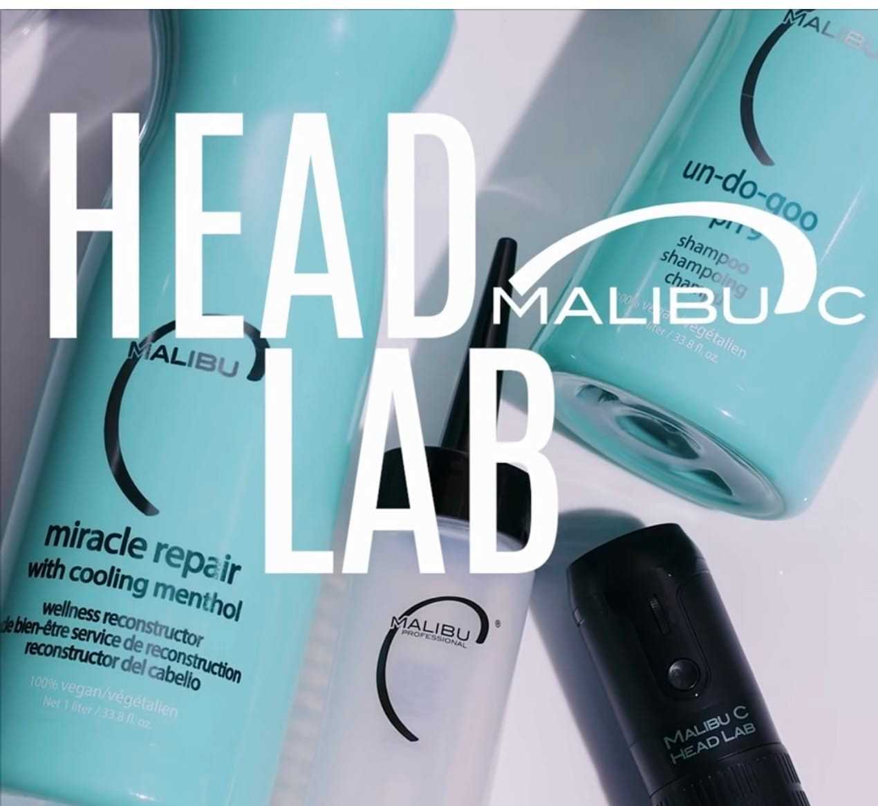 Malibu C hair care products with blue bottles and "Head Lab" text overlay.