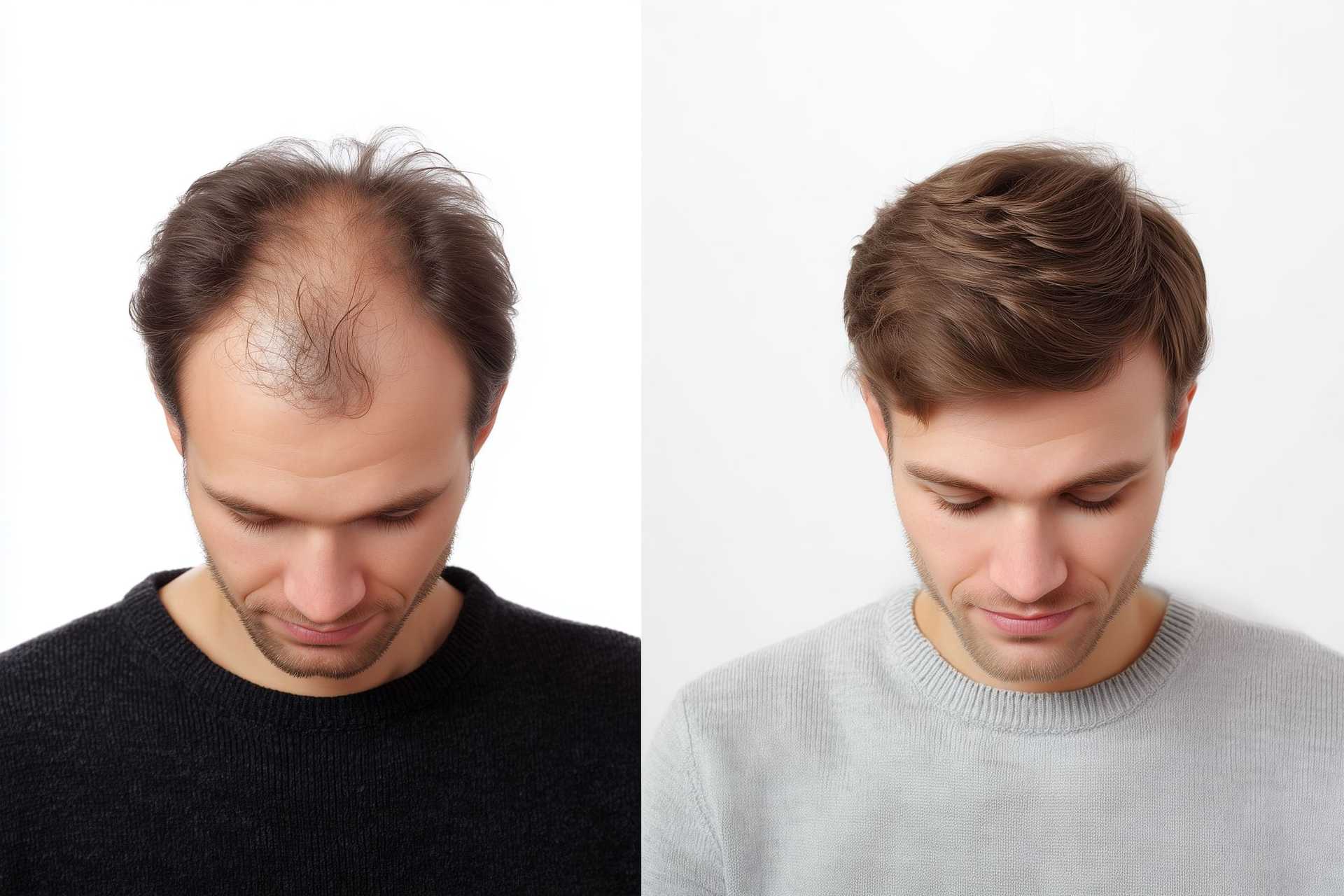 Hair restoration comparison: before and after views of a man looking down.